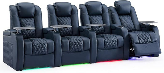 Weilianda Home Theater Seating Top Grain Leather Zero Gravity Recliner Chair Power Headrest Recline Movie Seat Gaming 7 Colors Mood Light Sofa with Tray Table USB Charge Row of 4 Blue