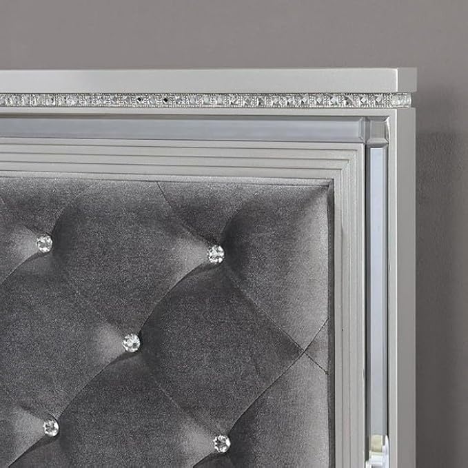 First of a Kind Queen Size Glam Bedroom Furniture 5 Piece Set in Silver - Button Tufted Headboard, Mirror Panels Crystal Acrylic, Dual Nightstands, Bed, Dresser, Mirror, Chest, Jewellery Storage