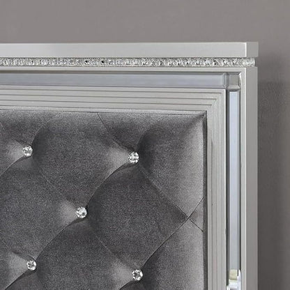 First of a kind Queen Size Glam Bedroom Furniture 4 Piece Set in Silver - Button Tufted Headboard, Mirror Panels Crystal Acrylic, Bed, Dresser, Mirror, Nightstand, USB Charging Hidden Jewellery Drawer