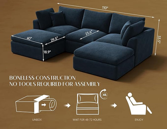 ohllob 110" Cloud Sectional Couches for Living Room, Boneless U Shaped Couch with Ottoman, 3 Seater Modular Sectional Sofa, Dark Blue