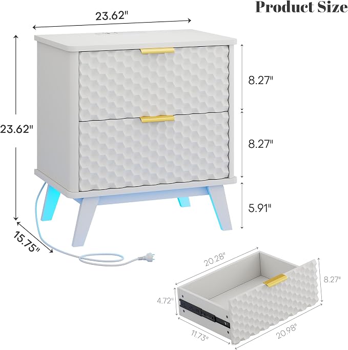 LVSOMT Smart Nightstand with Charging Station and LED Lights, 23.62" Wide Night Stand with 2 Drawers, Motion Sensor Motion-Activated Underlight, Honeycomb Bedside Table for Bedroom, White