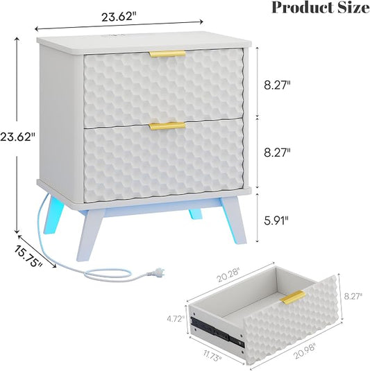 LVSOMT Smart Nightstand with Charging Station and LED Lights, 23.62" Wide Night Stand with 2 Drawers, Motion Sensor Motion-Activated Underlight, Honeycomb Bedside Table for Bedroom, White