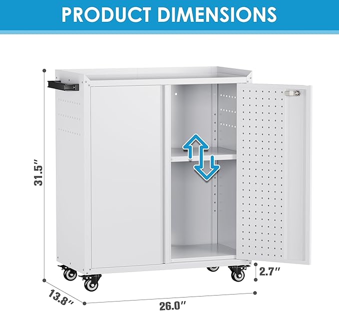 Reemoon Steel Garage Storage Cabinet with Wheels and 2 Lockable Doors, Metal Storage Cabinet with Pegboard and Hooks for Garage,Home,Warehouse,Assembly Required,White,13.8" D x 26" W x 31.5" H