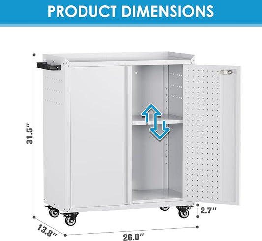 Aobabo 31.5" H Garage Storage Cabinet with Wheels,Lockable Metal Storage Cabinet with 2 Doors for Garage Home Office Storage,White,Assembly Required