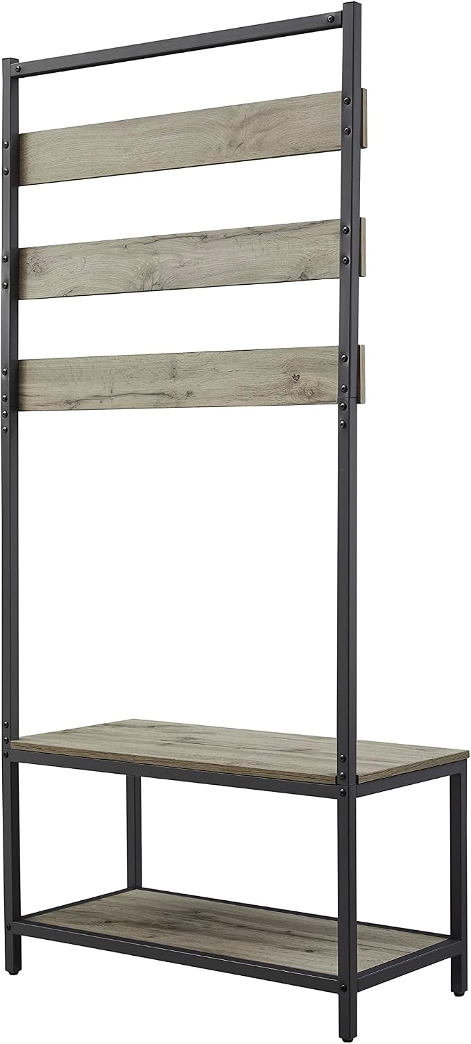 Linon Shaymus Grey Metal Hall Tree with Greywashed Wood Bench and Seat Featuring Multiple Hooks