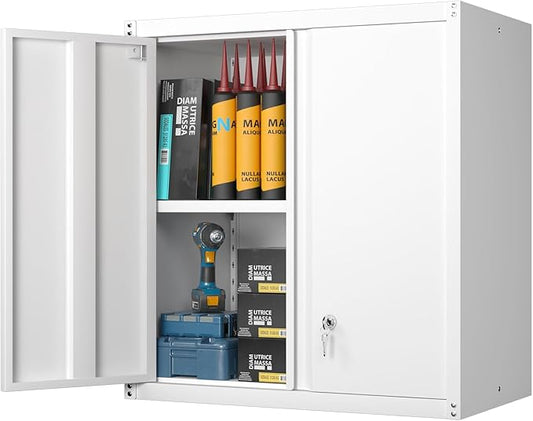 GREATMEET Metal Wall Cabinet, Wall Mounted Storage Cabinet with Lock for Garage Storage, White Floating Cabinet with Doors and Adjustable Shelf for Utility Room
