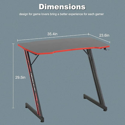 BestOffice Gmaing Desk 35.4in PC Computer Desk Z Shaped Gaming Workstation Ergonomic Gaming Table with Headphone Hook for Home Office, Red