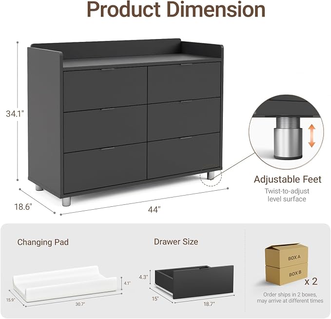 MAMAZING Keeva Pro 6-Drawer Baby Dresser with Changing Table, Easy Assembly | Black Wooden Nursery Dresser, Anti-Tip Design & Adjustable Feet, Dresser for Bedroom, Kids & Toddler Storage, 44" Wide