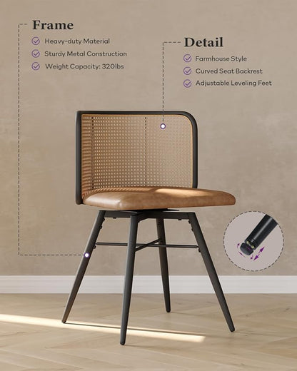 TYBOATLE Swivel Rattan Dining Chairs Set of 2 (Brown) | Farmhouse, Boho, Rattan Woven Back, Faux Leather Seat, Metal Legs, Upholstered, Kitchen, Dining Room