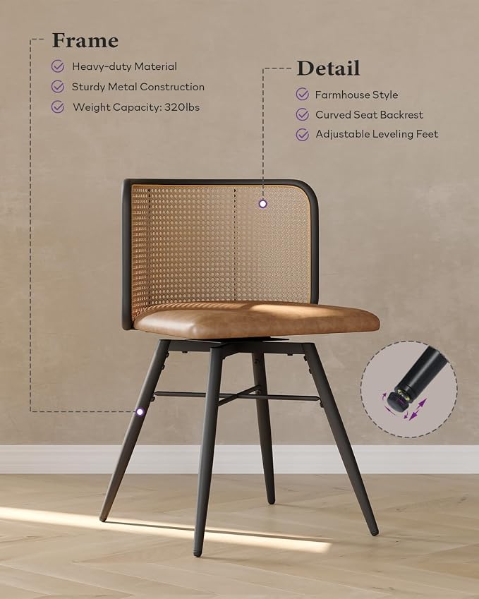 TYBOATLE Swivel Rattan Dining Chairs Set of 6 (Brown) | Farmhouse, Boho, Rattan Woven Back, Faux Leather Seat, Metal Legs, Upholstered, Kitchen, Dining Room