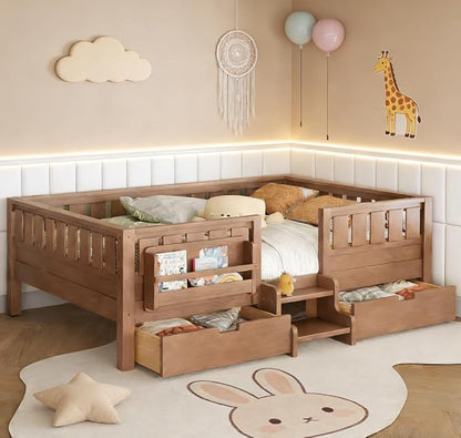 Bellemave Queen Size Kids Bed with high Rails and with Built-in Bookshelf and Drawers for Kids, Girls, Boys, Wood Montessori Bed Without Door, Natural