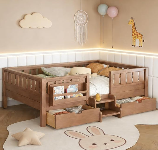 Bellemave Queen Size Kids Bed with high Rails and with Built-in Bookshelf and Drawers for Kids, Girls, Boys, Wood Montessori Bed Without Door, Natural