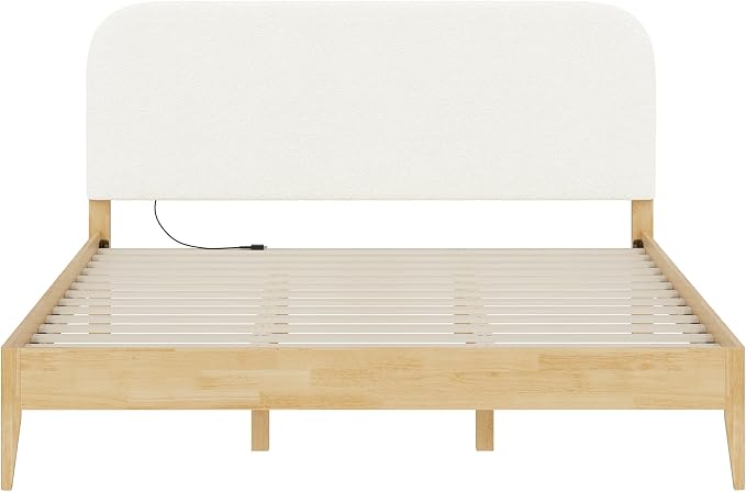 KISLOT Wood Bed Frame with USB & Type-C Charging, Boucle Platform Bed with Upholstered Headboard Mattress Foundation No Box Spring Needed Easy Assembly