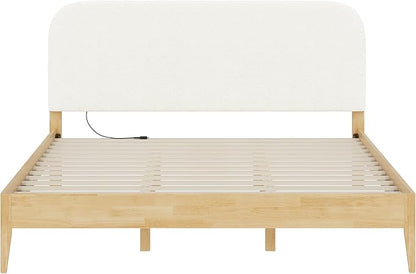 KISLOT Wood Bed Frame with USB & Type-C Charging, Boucle Platform Bed with Upholstered Headboard Mattress Foundation No Box Spring Needed Easy Assembly