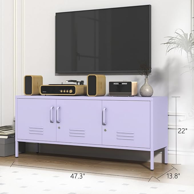 3 Door Lockable Metal TV Stand Storage Cabinet with Accent Cabinet Locker, Wide Heavy Duty Media Console for Large 100+ Inch TVs, Home Office Entertainment Center, Purple 22"H X 47.3"W X 13.8"D