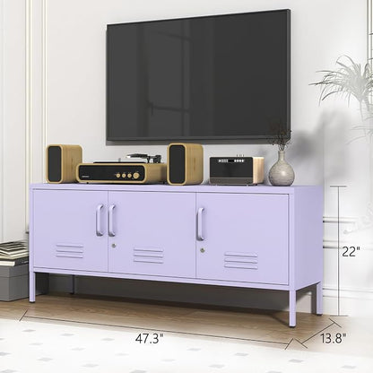 3 Door Lockable Metal TV Stand Storage Cabinet with Accent Cabinet Locker, Wide Heavy Duty Media Console for Large 100+ Inch TVs, Home Office Entertainment Center, Purple 22"H X 47.3"W X 13.8"D