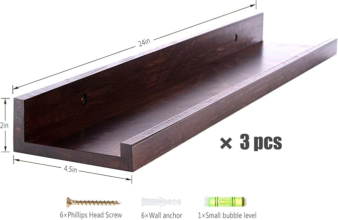 MBYD Picture Ledge 3 Same Dimensions, 24 Inch Deep Walnut Solid Wooden Shelves for Wall, Wall Mount Floating Nursery Shelf for Home, Kitchen, Office, Living Room, Bedroom, Bathroom