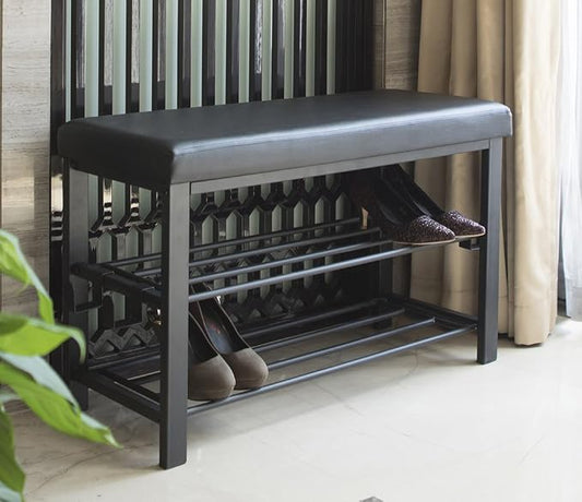Finnhomy Entryway Shoe Rack with Cushioned Seat, Shoe Bench for Entry, 2 Shelves Storage Bench w/Faux Leather Top Bed Bench, Black