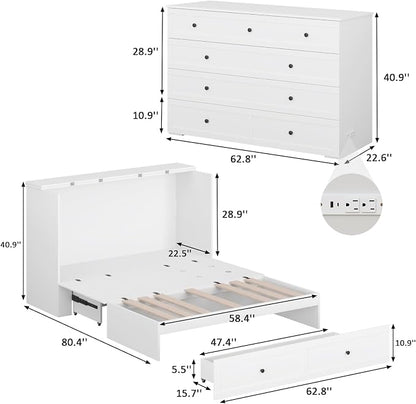 LIVAUVEAD Queen Murphy Bed with Drawer Storage & Charging Station, Murphy Bed Cabinet with Foldable Panel, for Guest Bedroom, Living Room, Office, White
