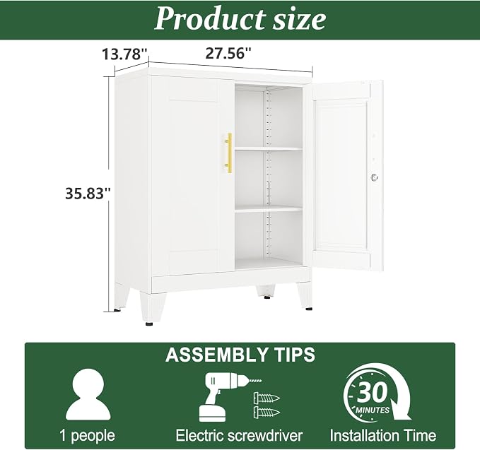 White Metal Storage Cabinet, 36" Tall Locking Storage Cabinet, 14”D | with 2 Adjustable Shelves, Steel Locker Organizer, Metal Freestanding Buffet Cupboards Sideboard for Office, Home, School,2PS