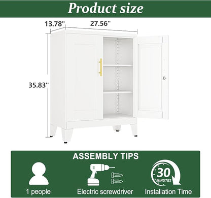 White Metal Storage Cabinet, 36" Tall Locking Storage Cabinet, 14”D | with 2 Adjustable Shelves, Steel Locker Organizer, Metal Freestanding Buffet Cupboards Sideboard for Office, Home, School,2PS