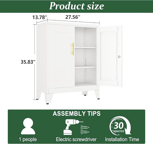 White Metal Storage Cabinet, 36" Tall Locking Storage Cabinet, 14”D | with 2 Adjustable Shelves, Steel Locker Organizer, Metal Freestanding Buffet Cupboards Sideboard for Office, Home, School,2PS