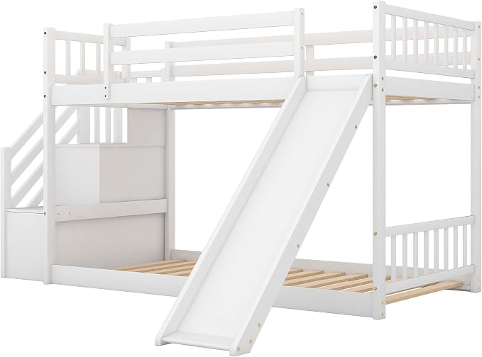Twin Over Twin Low Bunk Bed with Slide and for Storage Staircase for Teens, Boys or Girls, No Box Sping Needed