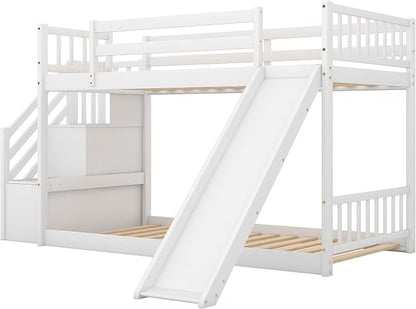 Twin Over Twin Low Bunk Bed with Slide and for Storage Staircase for Teens, Boys or Girls, No Box Sping Needed