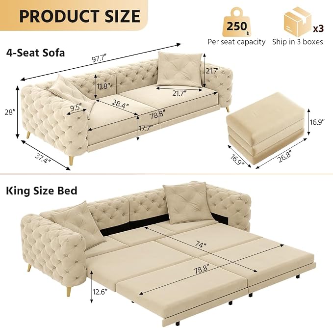 97.7'' Pull Out Sofa Bed King, Chesterfield Velvet Sleeper Sofa, Convertible L-Shaped Futon Couch, Tufted Back, Ottoman, Deep Seat Loveseat Couches for Living Room, Apartment, Honey Beige