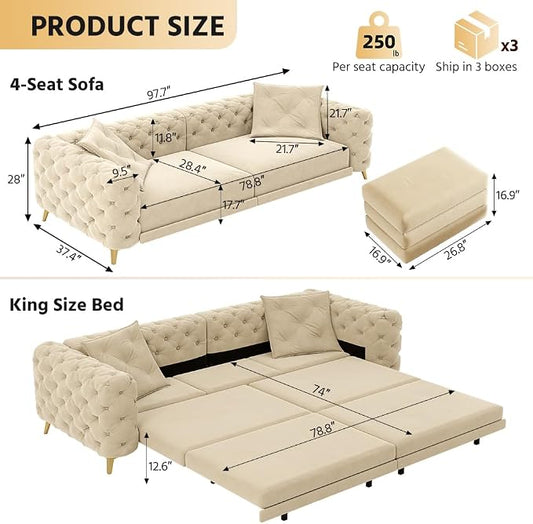 97.7'' Pull Out Sofa Bed King, Chesterfield Velvet Sleeper Sofa, Convertible L-Shaped Futon Couch, Tufted Back, Ottoman, Deep Seat Loveseat Couches for Living Room, Apartment, Honey Beige