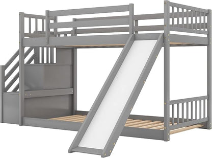 Twin Over Twin Bunk Bed with Slide and for Storage Staircase for Teens, Boys or Girls, No Box Sping Needed