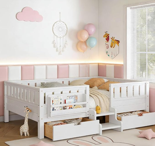 Bellemave Queen Size Kids Bed with high Rails and with Built-in Bookshelf and Drawers for Kids, Girls, Boys, Wood Montessori Bed Without Door, White