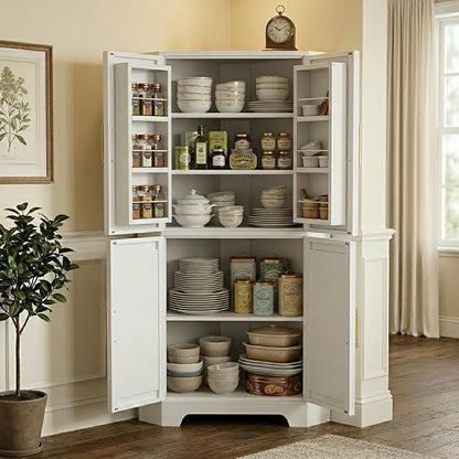 Corner Cabinet, Metal Storage, Kitchen Pantry Cabinet with Adjustable Shelves & Spice Rack, Tall Freestanding Corner Pantry with Shaker Doors & Gold Handles for Kitchen, Bathroom, Living Room (White)