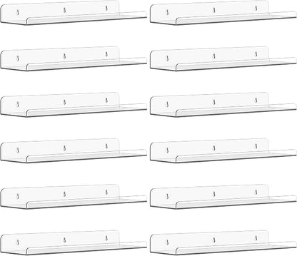 Qukaka Floating Shelves for Wall Decor, 15" Extra Clear Wall Shelves for Bedroom, Living Room, Kitchen, Bathroom Decor, Nail Polish/Book/Decoration/Makeup/Perfume Organizer Floating Shelf-12Pack