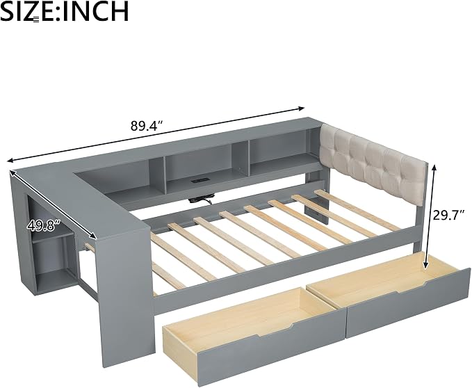 Ball & Cast Twin Size Wood L-Shaped Daybed with Storage Shelves and Built-in Desk,Platform Bed w/Under-Bed Drawers & Charging Station,Upholstered Headboard,No Box Spring Needed,for Student Dorms,Gray