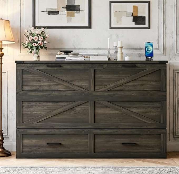 Bellemave Queen Murphy Bed with Charging Station and Storage, Farmhouse Murphy bedframe with Foldable Panel, Noisy Free, for Guest Bedroom, Living Room, Office, Rustic Gray