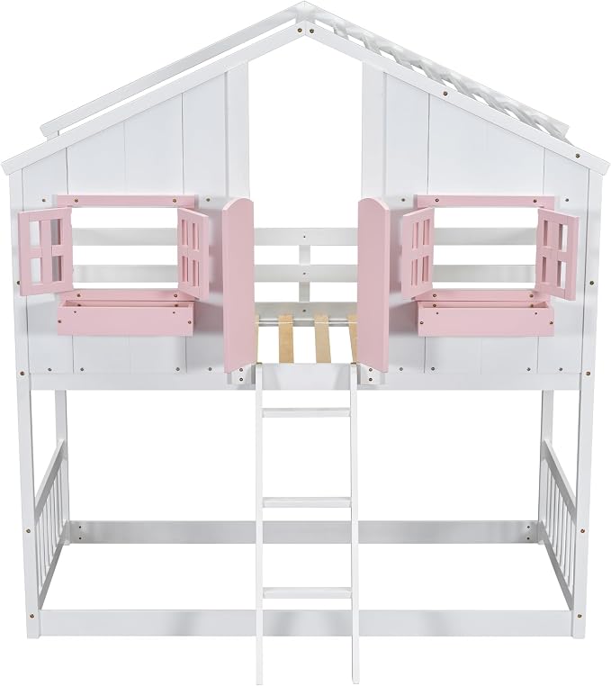 Twin over Twin House Bunk Bed with Roof,Windows,Door,Window Boxes,Safety Guardrails & Ladder,Pine Wood Frame,Low-Height Kids Bunk Beds for Bedrooms,Playful Loft Bed with Easy Assembly, Pink+White