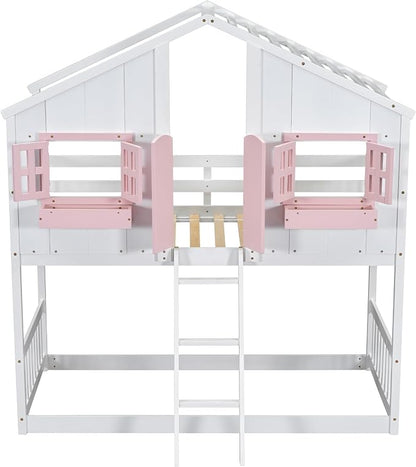 Twin over Twin House Bunk Bed with Roof,Windows,Door,Window Boxes,Safety Guardrails & Ladder,Pine Wood Frame,Low-Height Kids Bunk Beds for Bedrooms,Playful Loft Bed with Easy Assembly, Pink+White