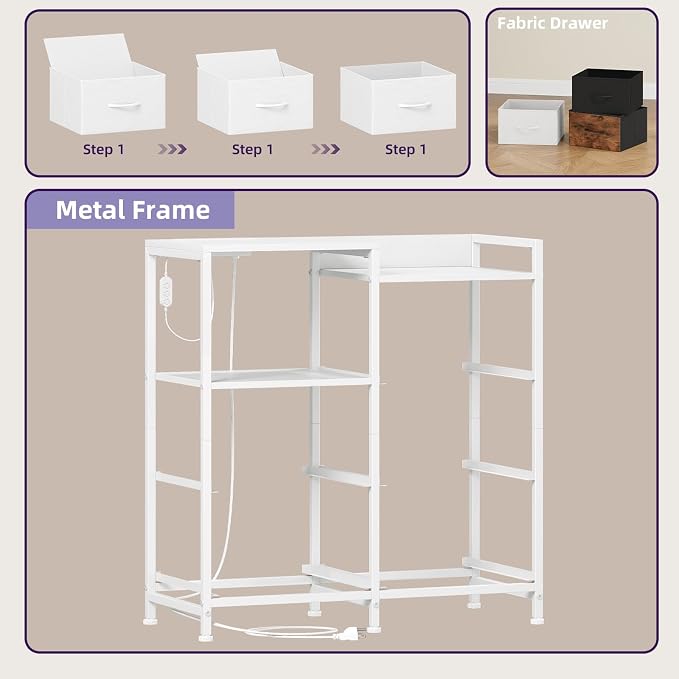 Somdot White Nightstand with Charging Station and LED Light, Wide 5 Drawers Dresser for Bedroom with Fabric Bins and Open Shelf for Bedroom Kids Closet Dorm Guest Room, White Leather