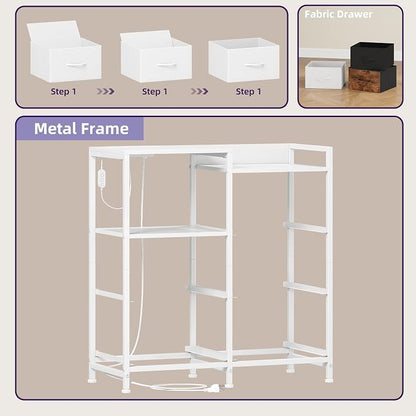 Somdot White Nightstand with Charging Station and LED Light, Wide 5 Drawers Dresser for Bedroom with Fabric Bins and Open Shelf for Bedroom Kids Closet Dorm Guest Room, White Leather