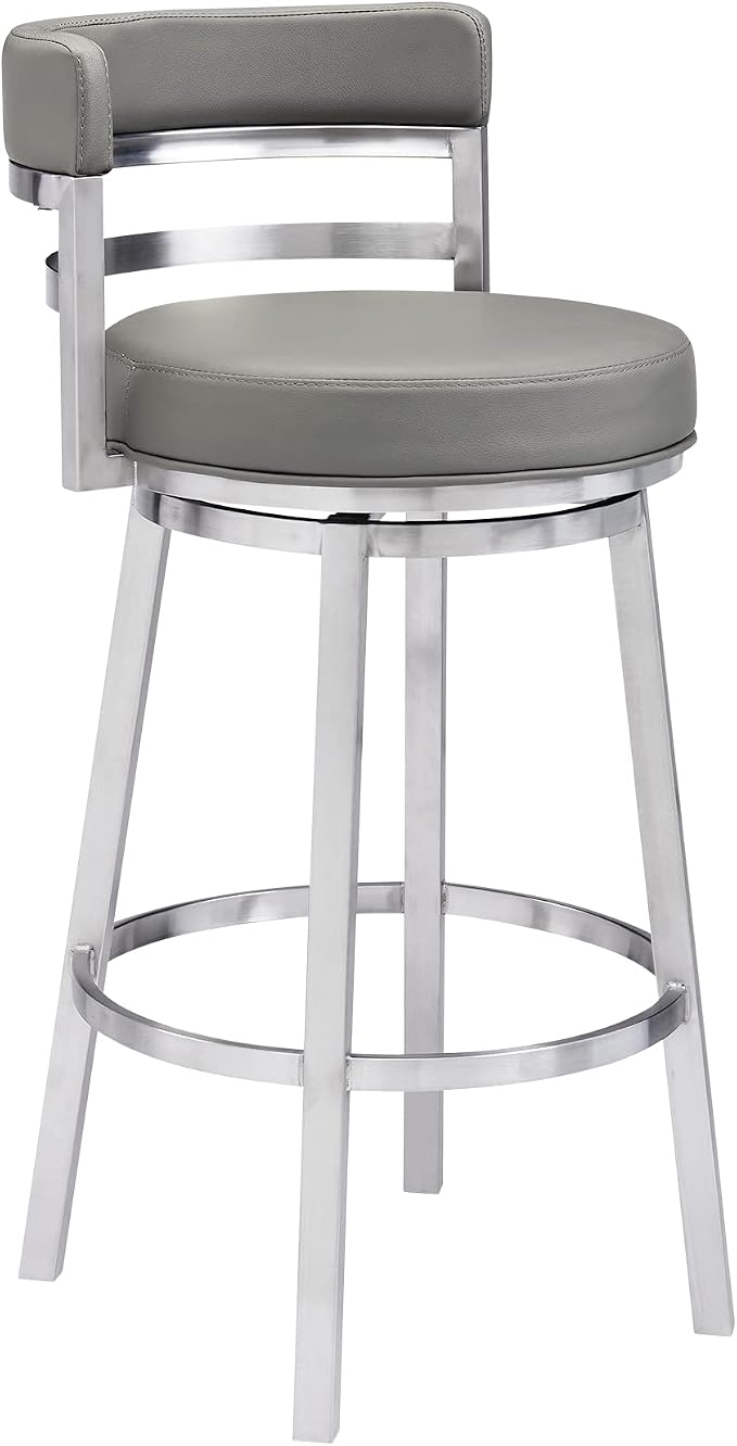 Armen Living Madrid 30" Bar Height Swivel Modern Grey Faux Leather and Brushed Stainless Steel Bar Stool for Kitchen Island Counter