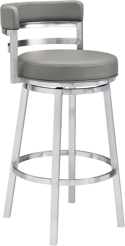 Armen Living Madrid 30" Bar Height Swivel Modern Grey Faux Leather and Brushed Stainless Steel Bar Stool for Kitchen Island Counter