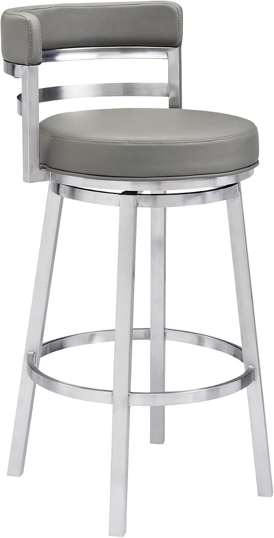 Armen Living Madrid 30" Bar Height Swivel Modern Grey Faux Leather and Brushed Stainless Steel Bar Stool for Kitchen Island Counter