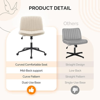 VINGLI Criss Cross Legged Chair,Wide Comfy Office Desk Chair,Dual-Use with/no Wheels Computer Task Chair,Swivel Armless Vanity Rolling Chair for Study,Make Up,Home Office,Cat Scratch PU Leather,Khaki