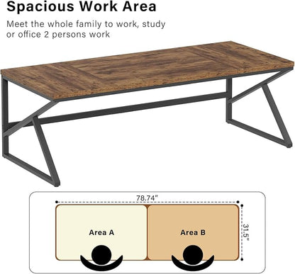 HSH Large Rustic Brown Computer Desk, 78 Inch Extra Long Metal Wood Desk for Home Office, Two Person Executive Writing Study Gaming Desk Table, Bedroom Living Room PC Laptop Dual Monitor Desk