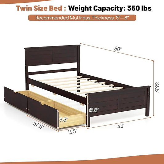 GOFLAME Twin Size Bed Frame with 2 Drawers, Platform Bed with Solid Wood Headboard & Footboard, Wood Slats Support Mattress Foundation, Under Bed Storage, No Box Spring Needed, Easy Assembly, Espresso