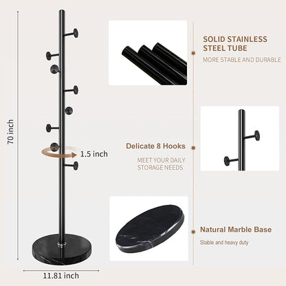 Modern Metal Coat Rack Stand, Coat Rack Freestanding with Natural Marble Base, Sturdy Heavy Duty Coat Racks with 8 Hooks, Black Coat Hall Tree Stand for Entryway, Office
