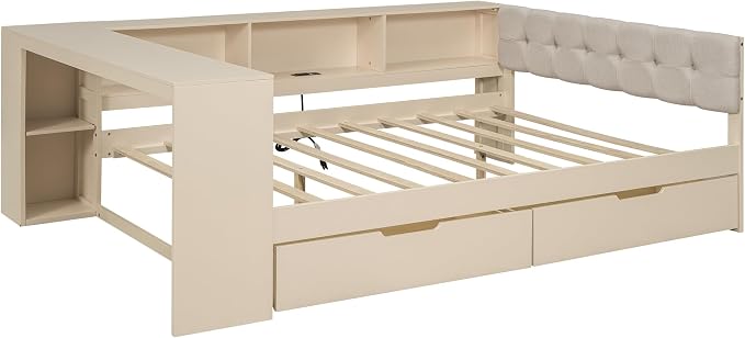 Bellemave Full Size Corner Bed Frame with Storage Shelves and Desk, Wood Full Daybed with Bookcase and Drawers and Upholstered Headboard, Cream