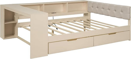 Bellemave Full Size Corner Bed Frame with Storage Shelves and Desk, Wood Full Daybed with Bookcase and Drawers and Upholstered Headboard, Cream