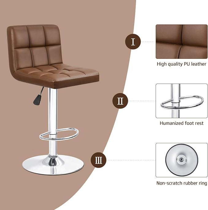 Furniwell Bar Stools Modern Pu Leather Swivel Adjustable Barstools Armless Counter Height Swivel Bar Stool Synthetic Leather Height Square Barstool with Set of 2(Brown)
